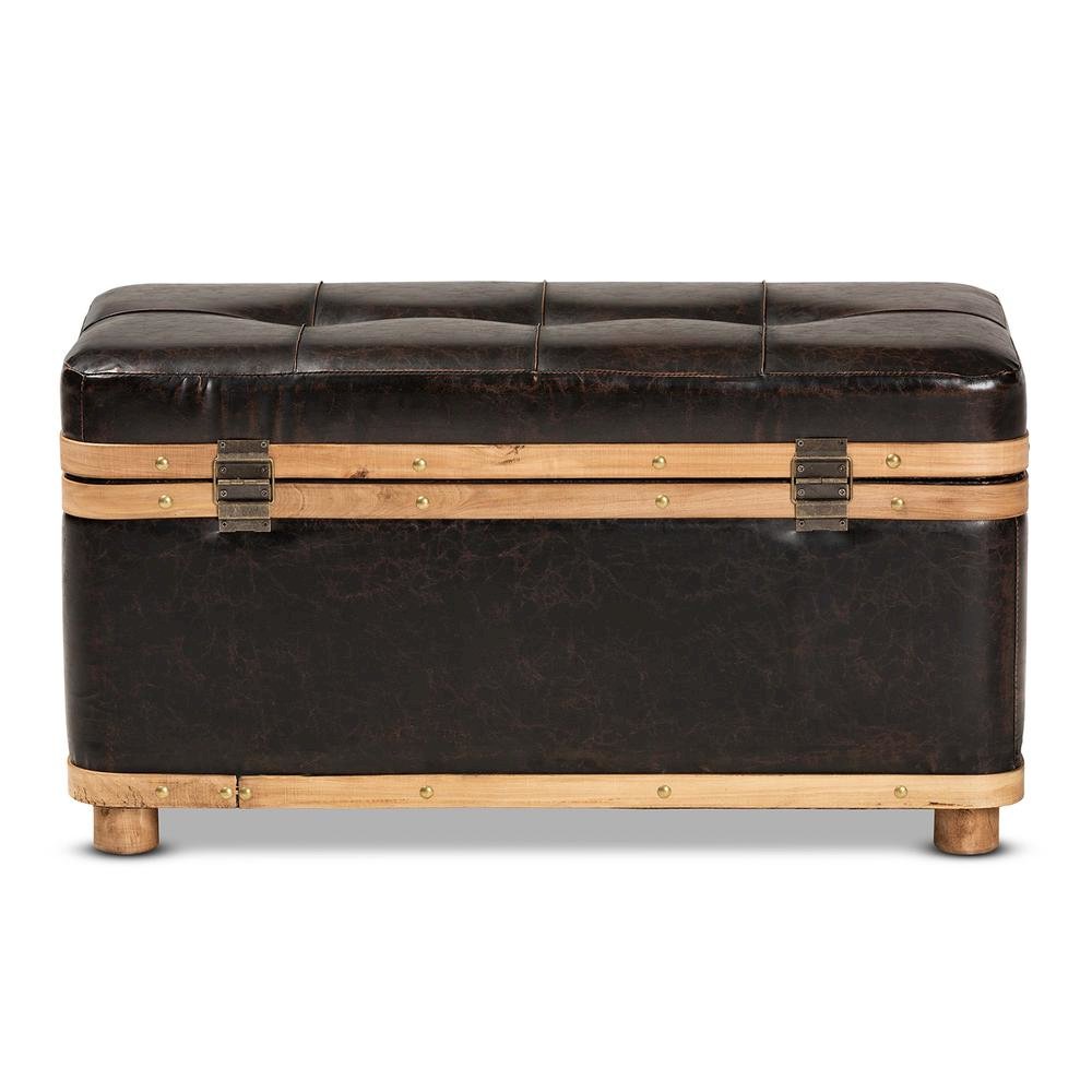 Leather Upholstered and Oak Brown Finished Wood Large Storage Ottoman. Picture 18