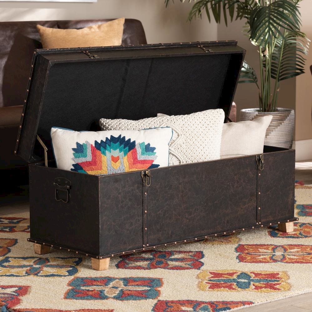 Leather Upholstered and Oak Brown Finished Wood Storage Ottoman. Picture 26