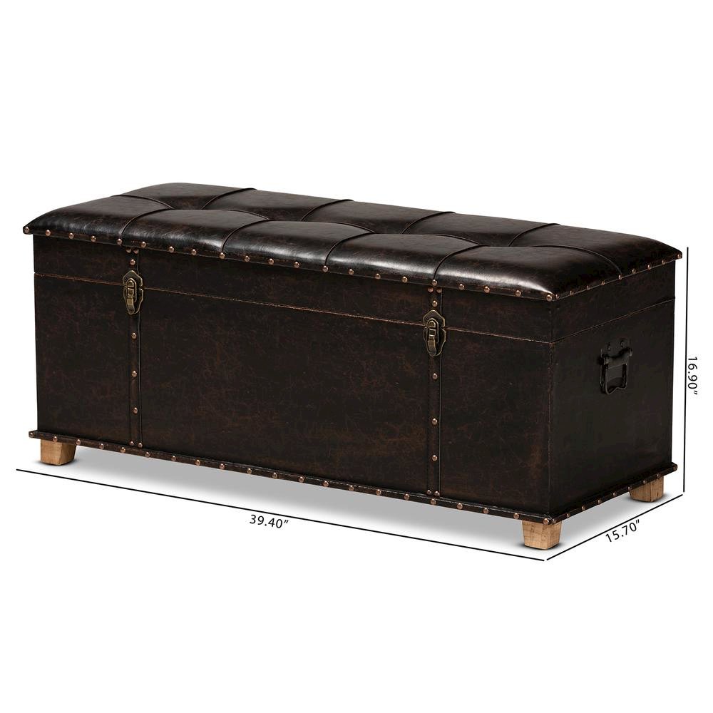 Leather Upholstered and Oak Brown Finished Wood Storage Ottoman. Picture 28