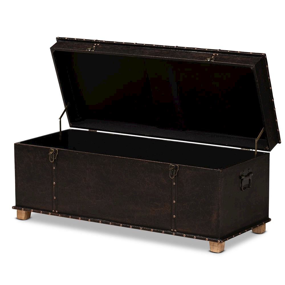 Leather Upholstered and Oak Brown Finished Wood Storage Ottoman. Picture 16