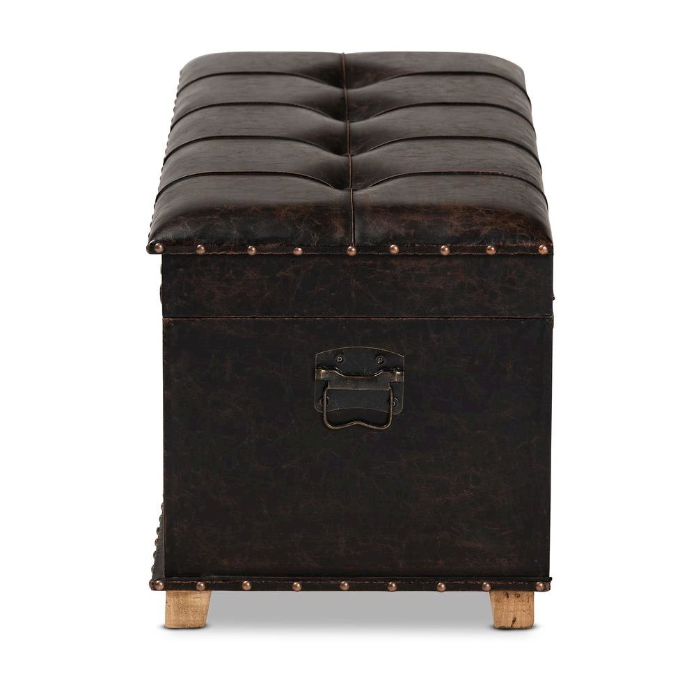 Leather Upholstered and Oak Brown Finished Wood Storage Ottoman. Picture 18
