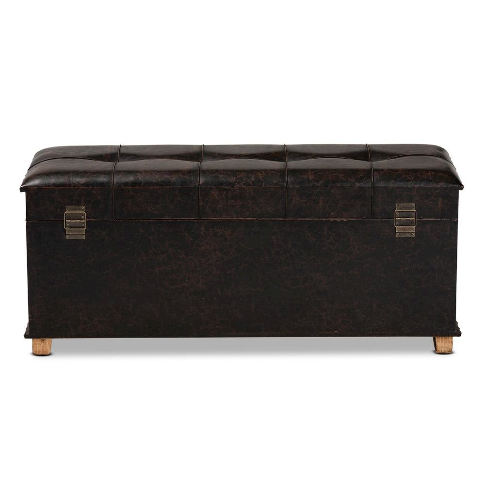 Leather Upholstered and Oak Brown Finished Wood Storage Ottoman. Picture 19
