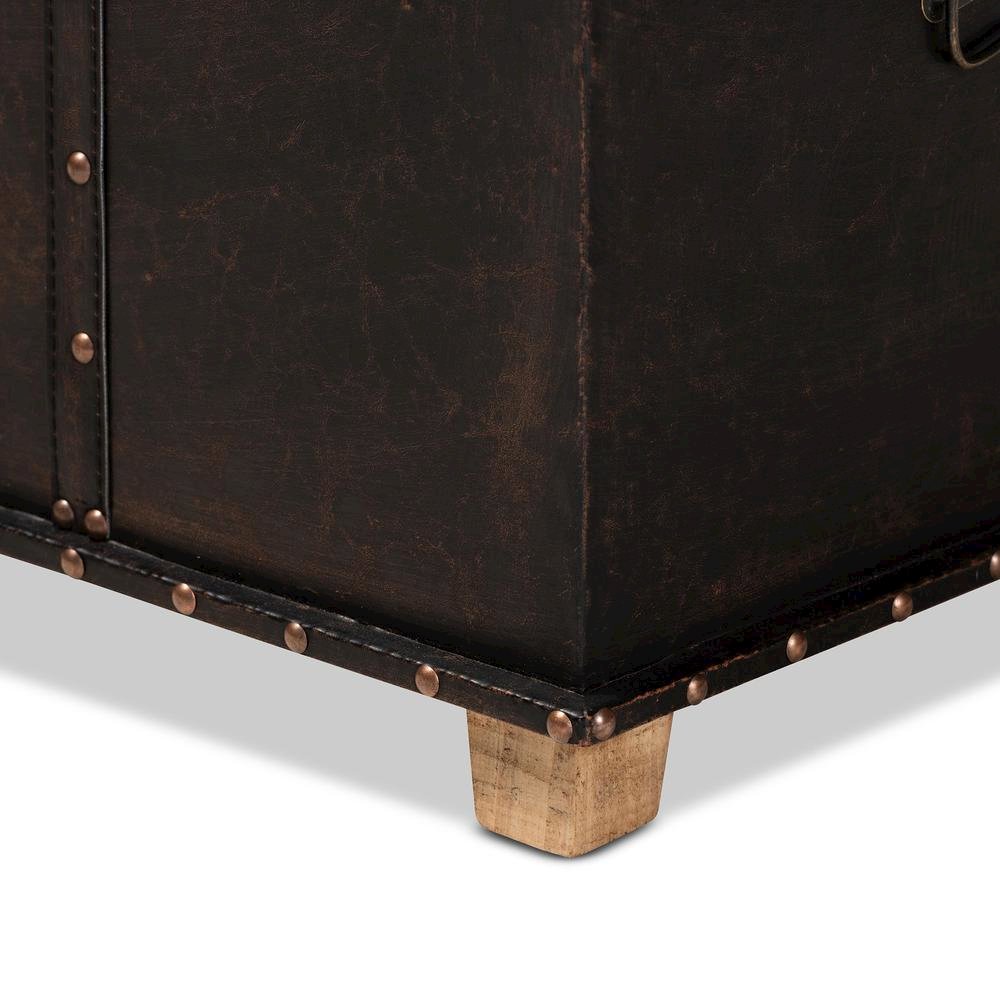 Leather Upholstered and Oak Brown Finished Wood Storage Ottoman. Picture 23