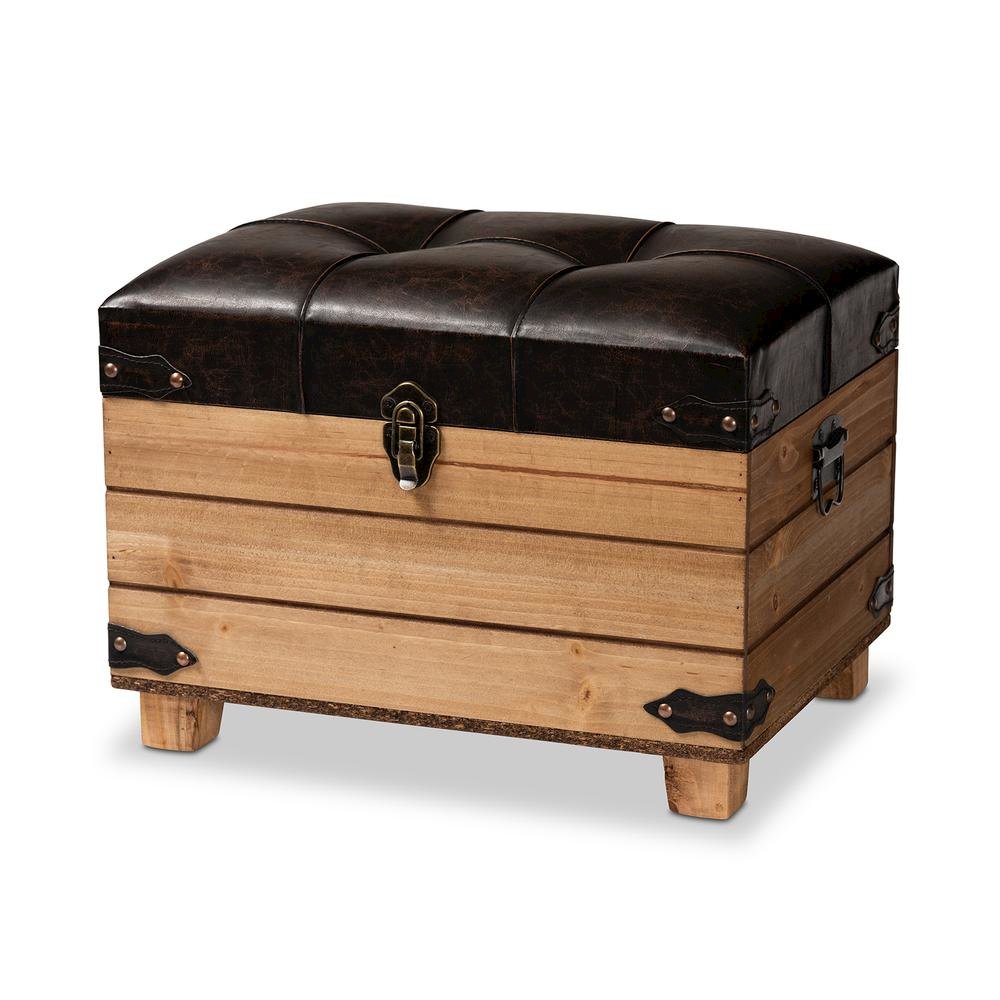 Leather Upholstered and Oak Brown Finished Wood Storage Ottoman. Picture 15