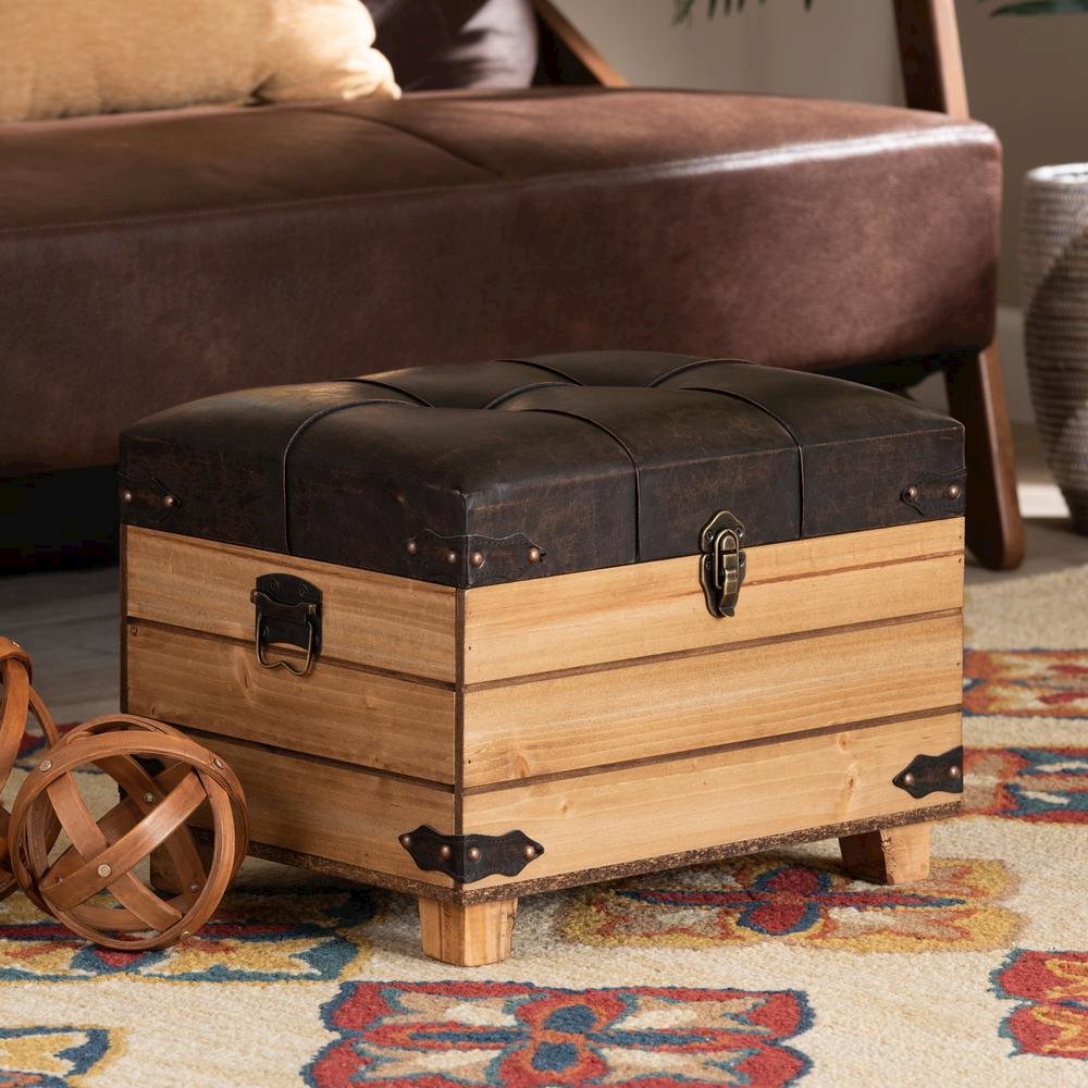 Leather Upholstered and Oak Brown Finished Wood Storage Ottoman. Picture 25