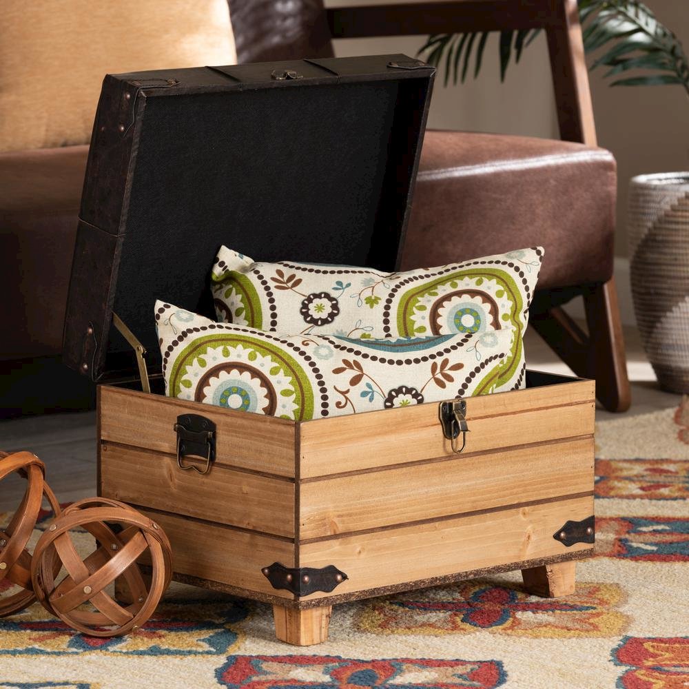 Leather Upholstered and Oak Brown Finished Wood Storage Ottoman. Picture 26