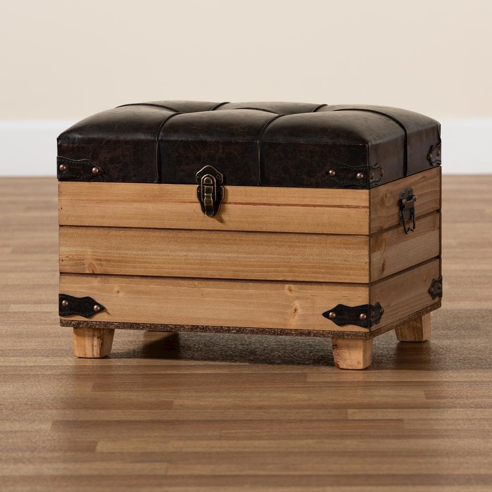 Leather Upholstered and Oak Brown Finished Wood Storage Ottoman. Picture 27
