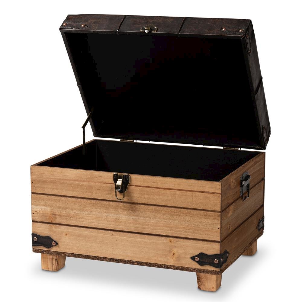 Leather Upholstered and Oak Brown Finished Wood Storage Ottoman. Picture 16