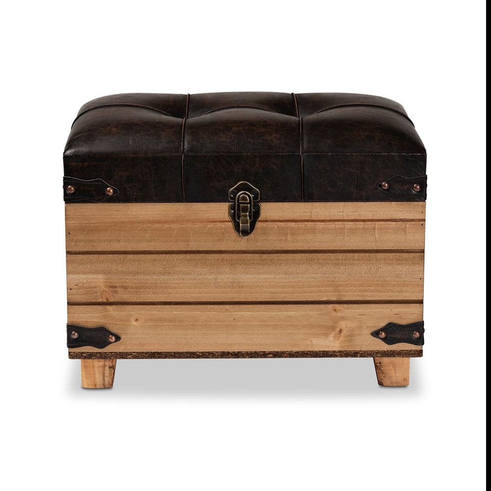 Leather Upholstered and Oak Brown Finished Wood Storage Ottoman. Picture 17