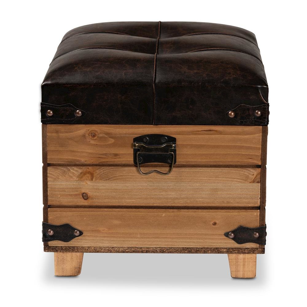 Leather Upholstered and Oak Brown Finished Wood Storage Ottoman. Picture 18