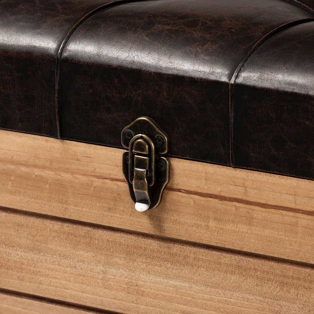 Leather Upholstered and Oak Brown Finished Wood Storage Ottoman. Picture 20
