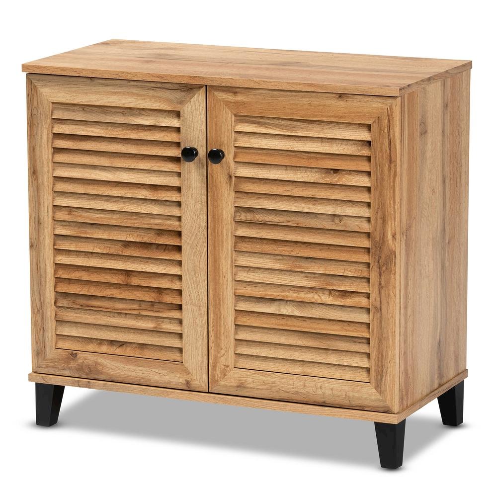 Oak Brown Finished Wood 2-Door Shoe Storage Cabinet. Picture 13