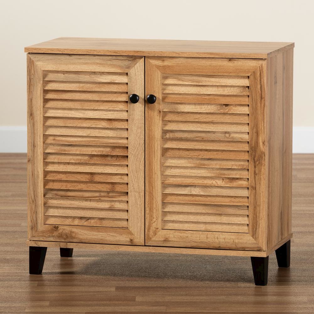 Oak Brown Finished Wood 2-Door Shoe Storage Cabinet. Picture 22