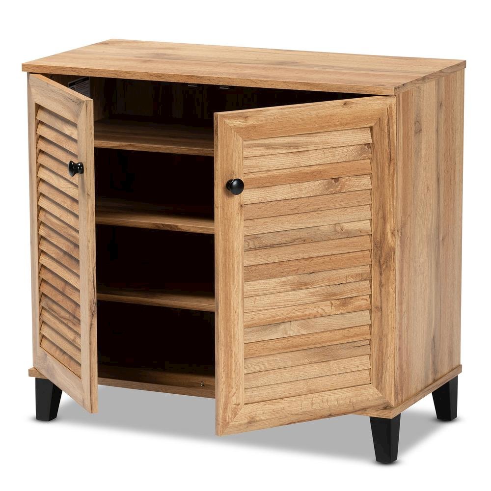 Oak Brown Finished Wood 2-Door Shoe Storage Cabinet. Picture 14