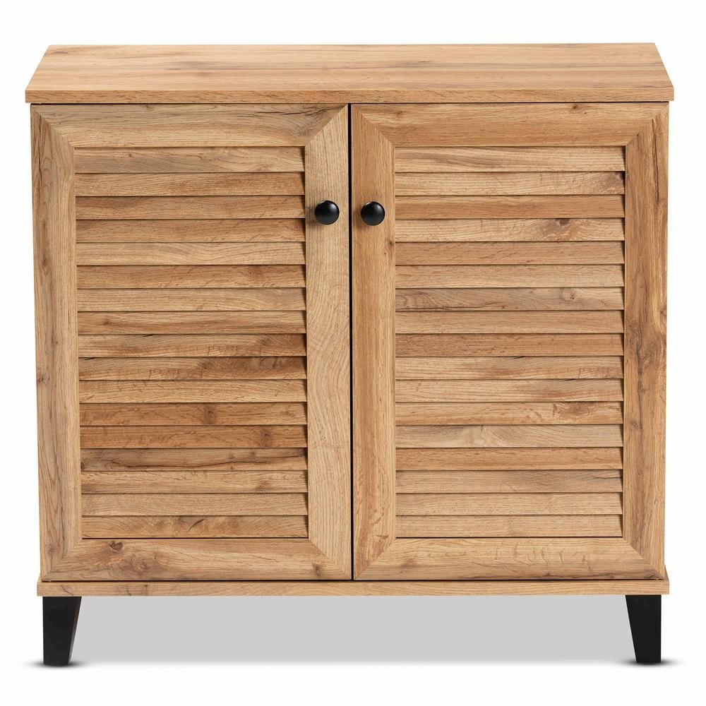 Oak Brown Finished Wood 2-Door Shoe Storage Cabinet. Picture 15