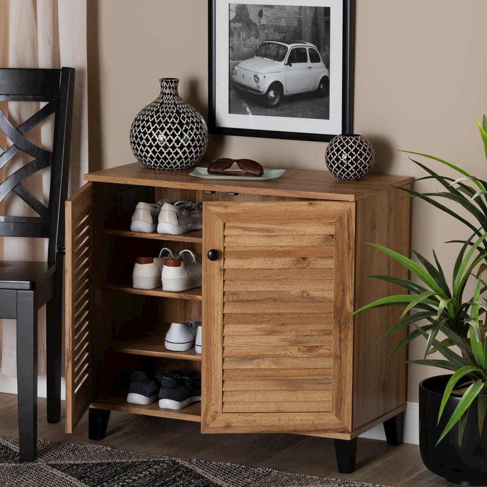 Oak Brown Finished Wood 2-Door Shoe Storage Cabinet. Picture 21