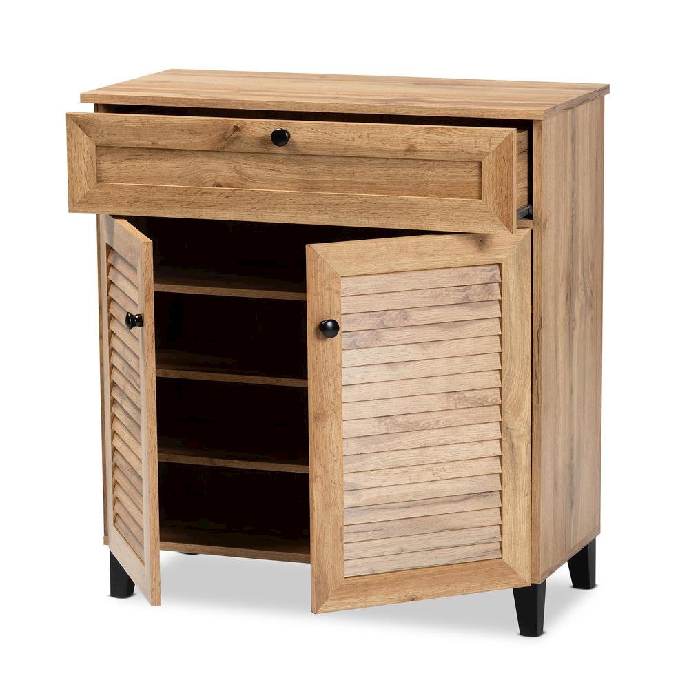 Oak Brown Finished Wood 1-Drawer Shoe Storage Cabinet. Picture 14