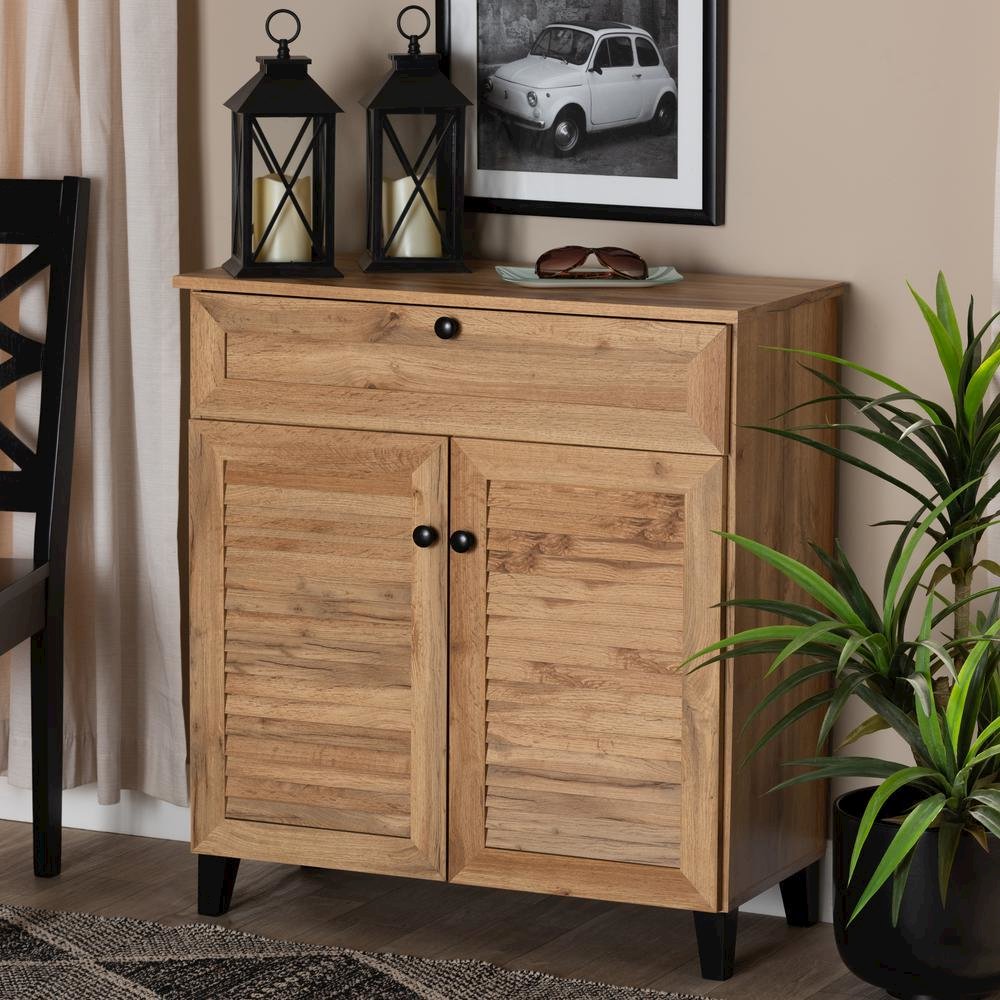 Oak Brown Finished Wood 1-Drawer Shoe Storage Cabinet. Picture 20