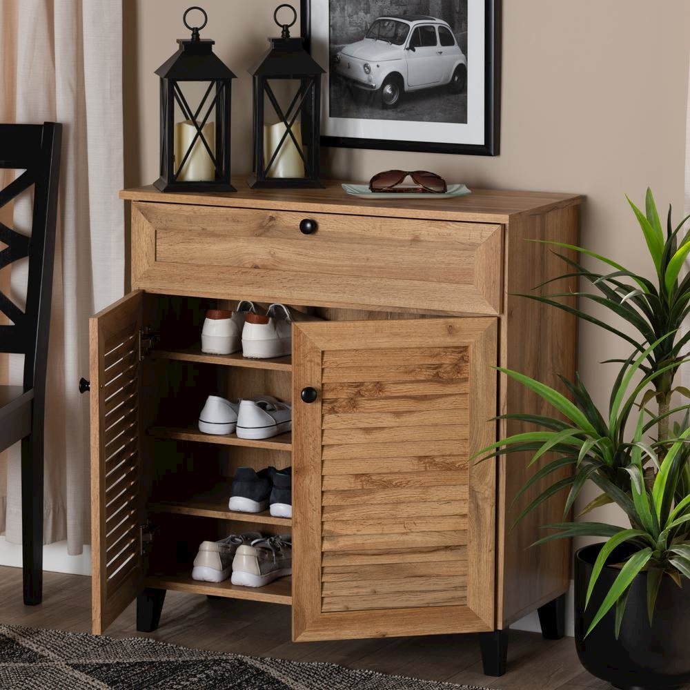 Oak Brown Finished Wood 1-Drawer Shoe Storage Cabinet. Picture 21