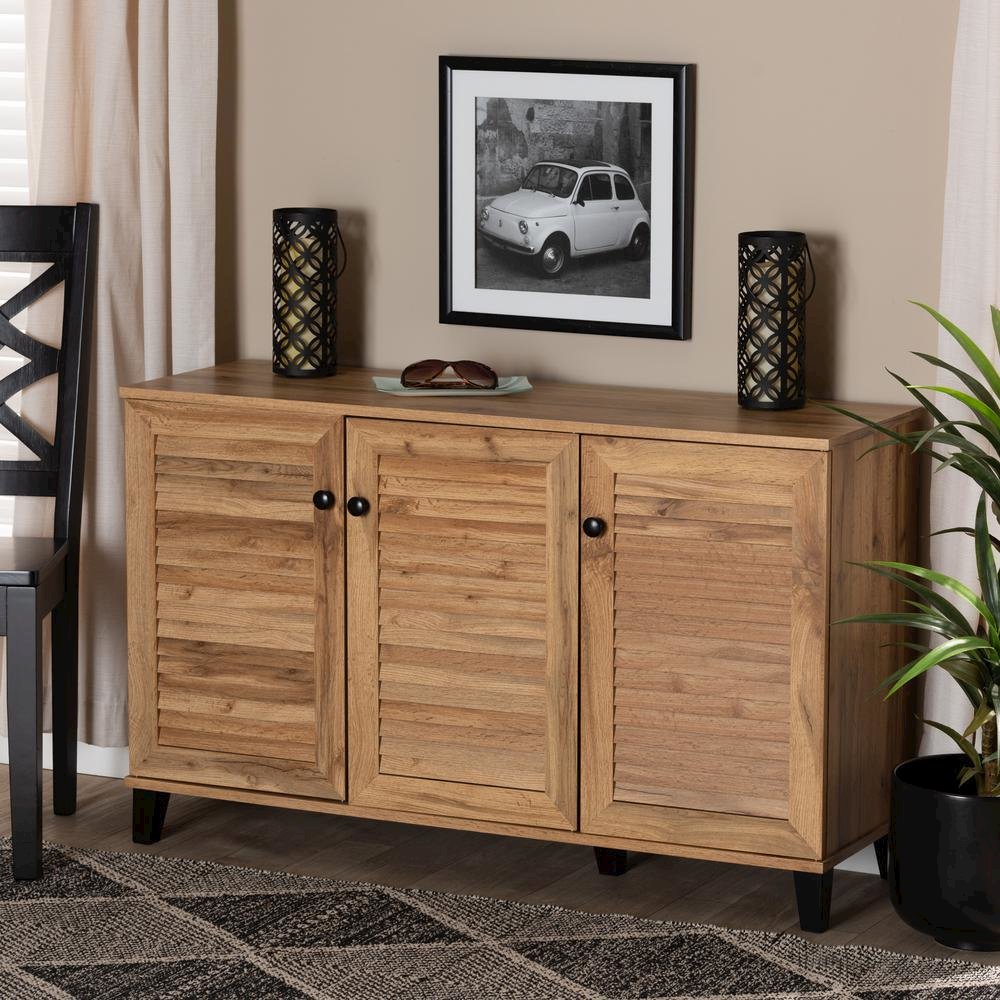 Oak Brown Finished Wood 3-Door Shoe Storage Cabinet. Picture 20