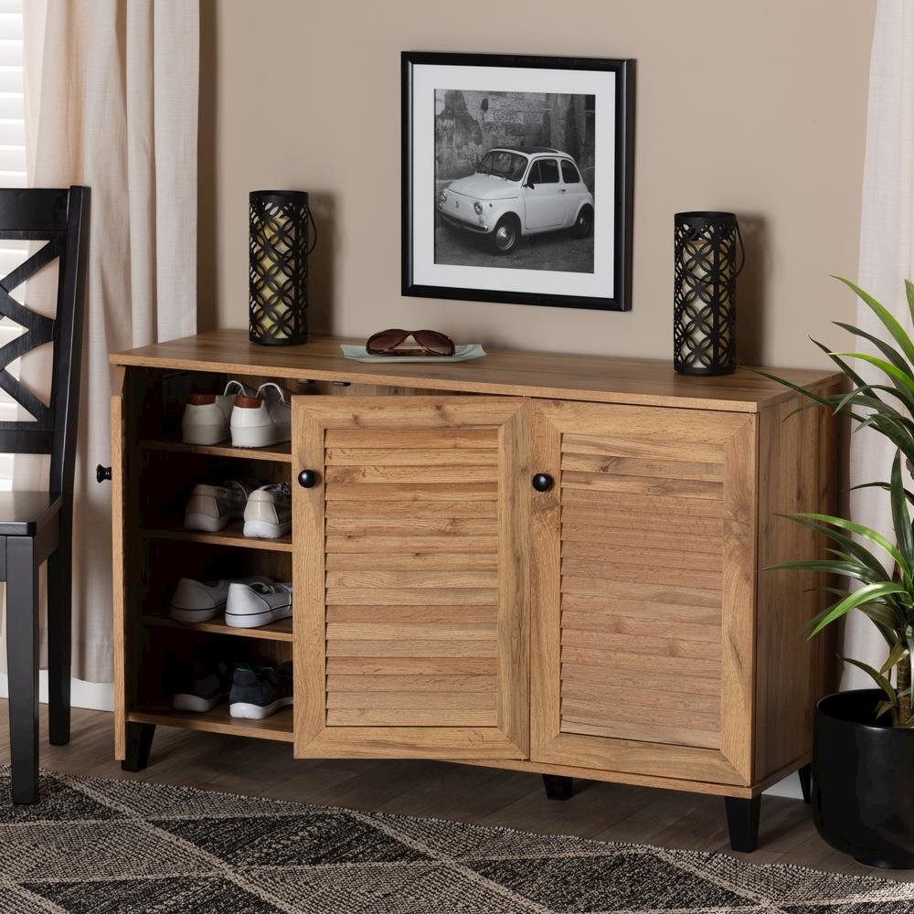 Oak Brown Finished Wood 3-Door Shoe Storage Cabinet. Picture 21