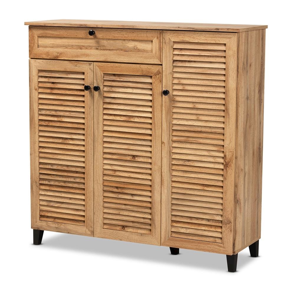 Oak Brown Finished Wood 3-Door Shoe Storage Cabinet with Drawer. Picture 13