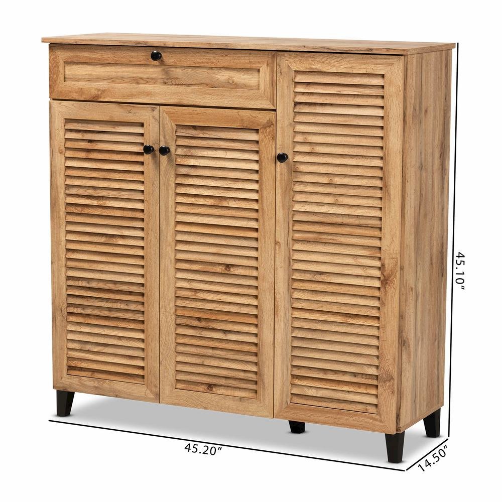 Oak Brown Finished Wood 3-Door Shoe Storage Cabinet with Drawer. Picture 23