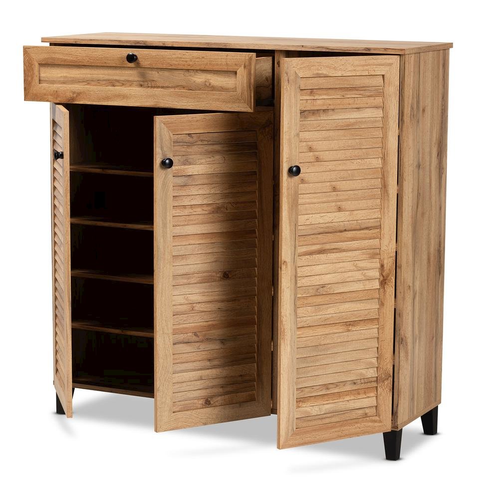 Oak Brown Finished Wood 3-Door Shoe Storage Cabinet with Drawer. Picture 14
