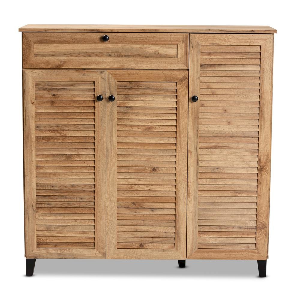 Oak Brown Finished Wood 3-Door Shoe Storage Cabinet with Drawer. Picture 15