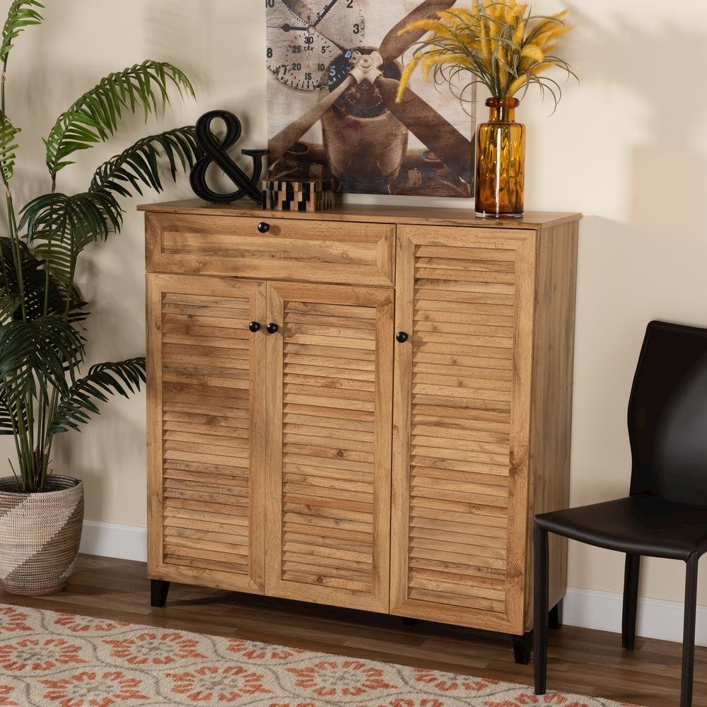 Oak Brown Finished Wood 3-Door Shoe Storage Cabinet with Drawer. Picture 20