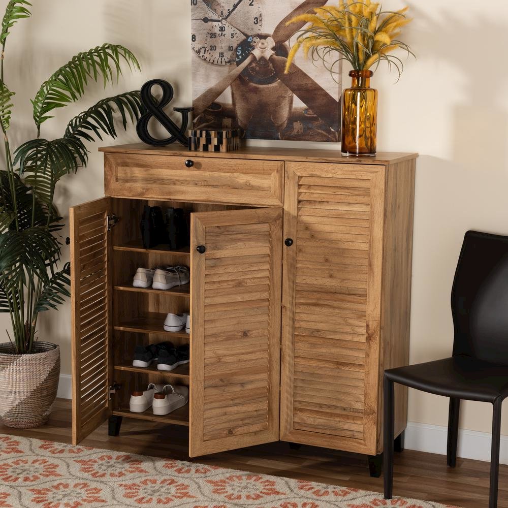 Oak Brown Finished Wood 3-Door Shoe Storage Cabinet with Drawer. Picture 21