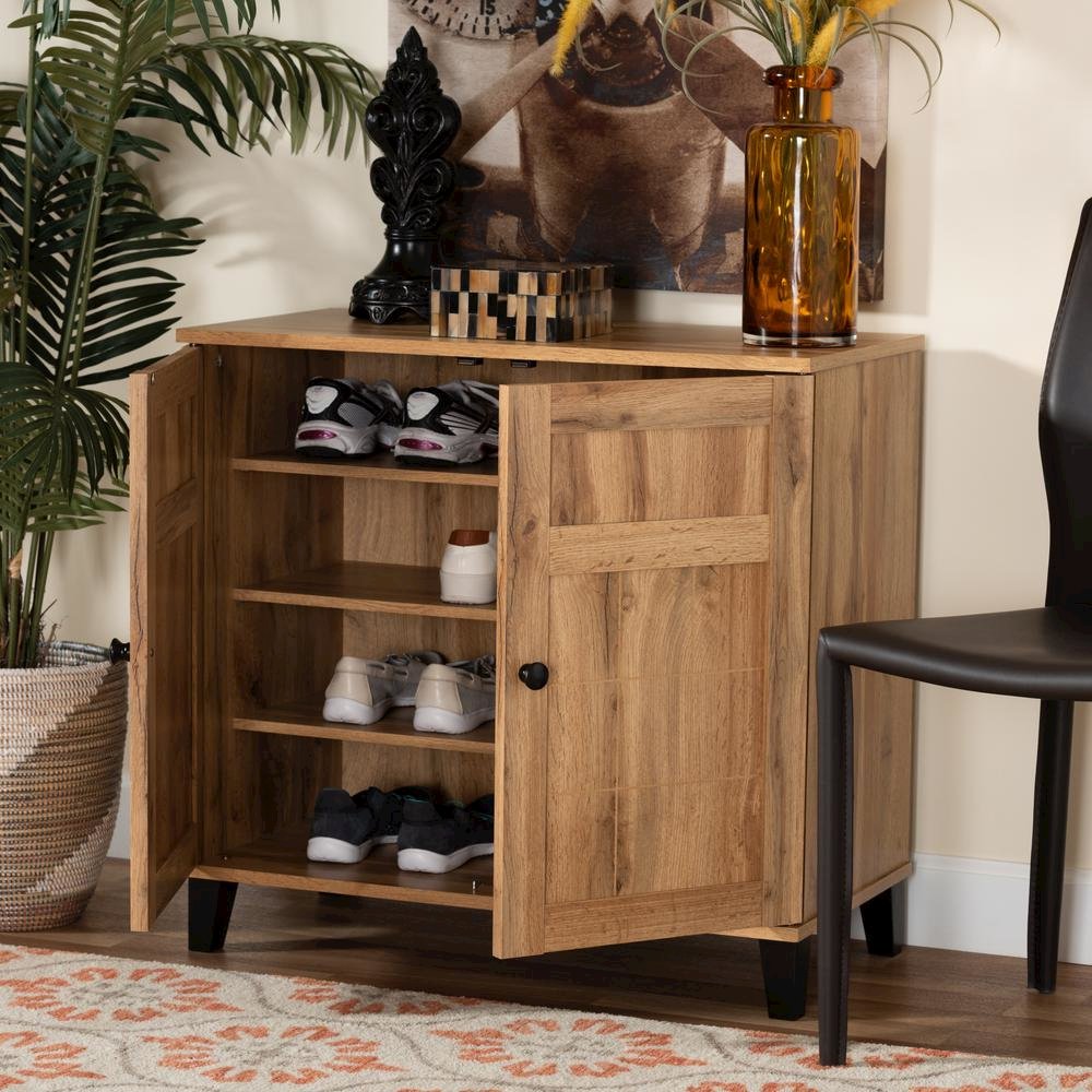 Oak Brown Finished Wood 2-Door Shoe Storage Cabinet. Picture 21