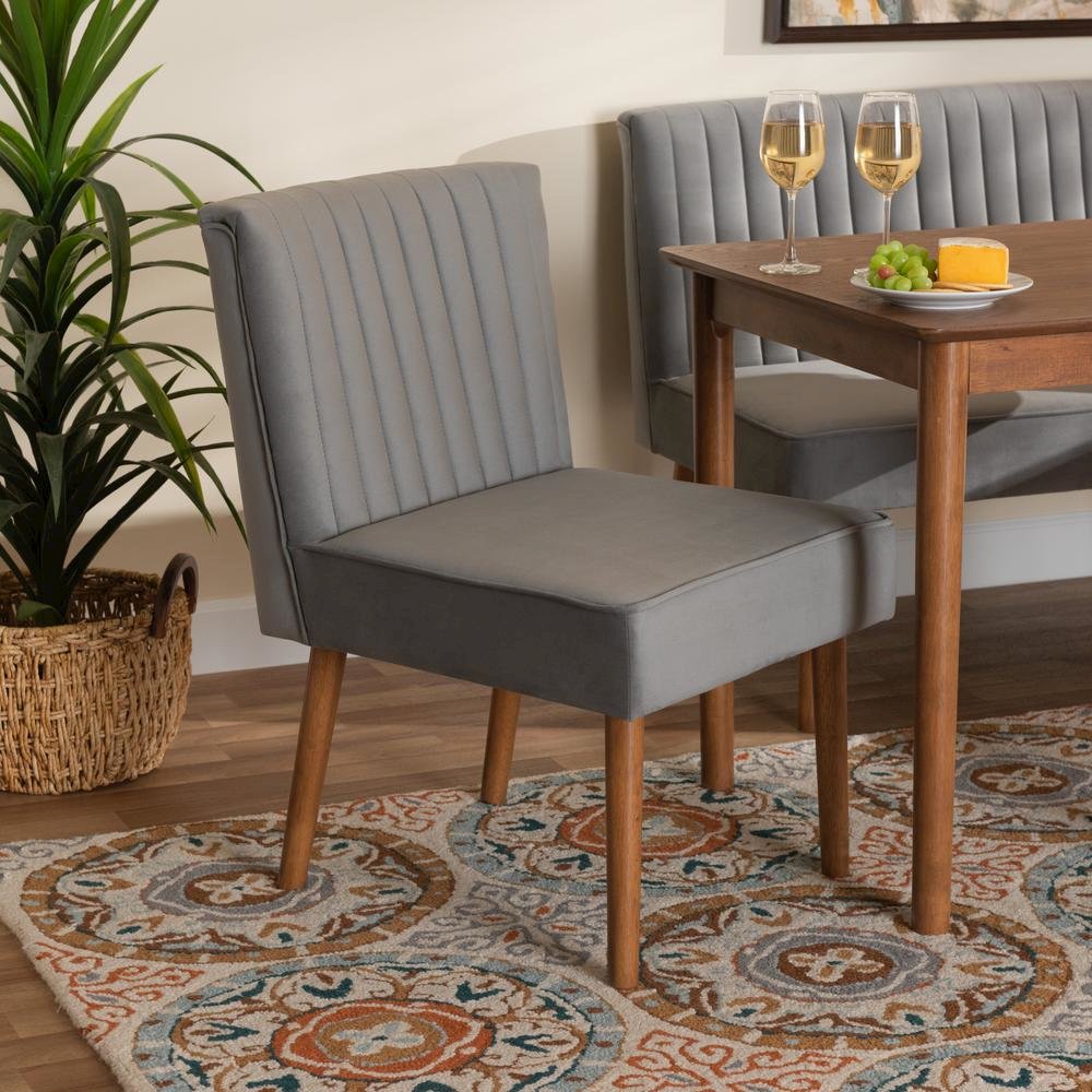 Grey Velvet Upholstered and Walnut Brown Finished Wood Dining Chair. Picture 18