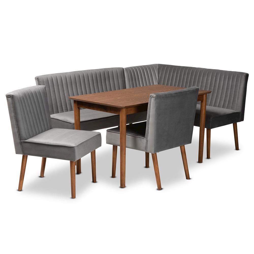 Grey Velvet Upholstered and Walnut Brown Finished Wood 5-Piece Dining Nook Set. Picture 14