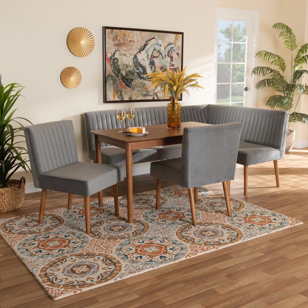 Grey Velvet Upholstered and Walnut Brown Finished Wood 5-Piece Dining Nook Set. Picture 24