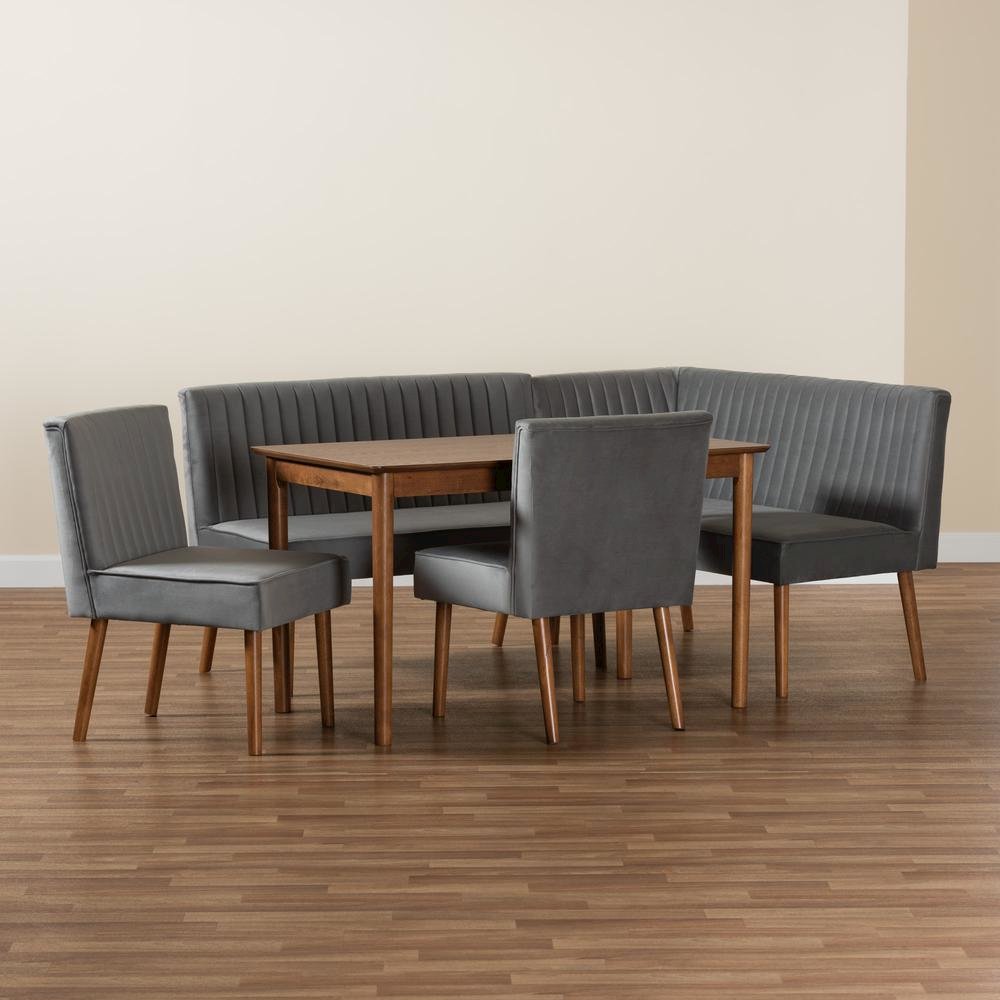 Grey Velvet Upholstered and Walnut Brown Finished Wood 5-Piece Dining Nook Set. Picture 25