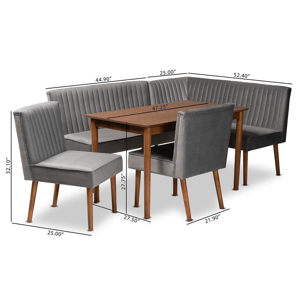 Grey Velvet Upholstered and Walnut Brown Finished Wood 5-Piece Dining Nook Set. Picture 26