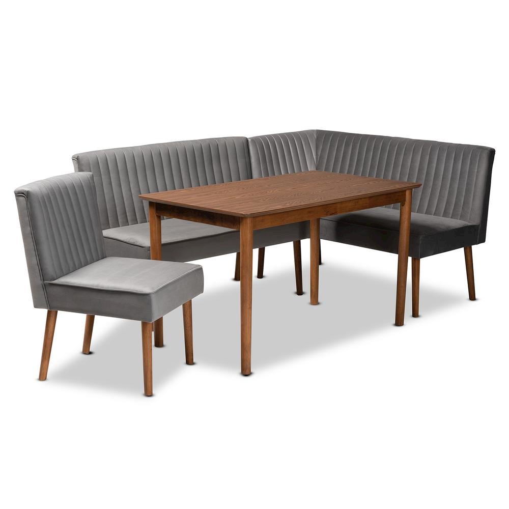 Grey Velvet Upholstered and Walnut Brown Finished Wood 4-Piece Dining Nook Set. Picture 13
