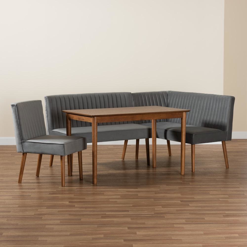 Grey Velvet Upholstered and Walnut Brown Finished Wood 4-Piece Dining Nook Set. Picture 23