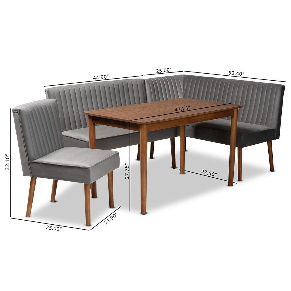 Grey Velvet Upholstered and Walnut Brown Finished Wood 4-Piece Dining Nook Set. Picture 24