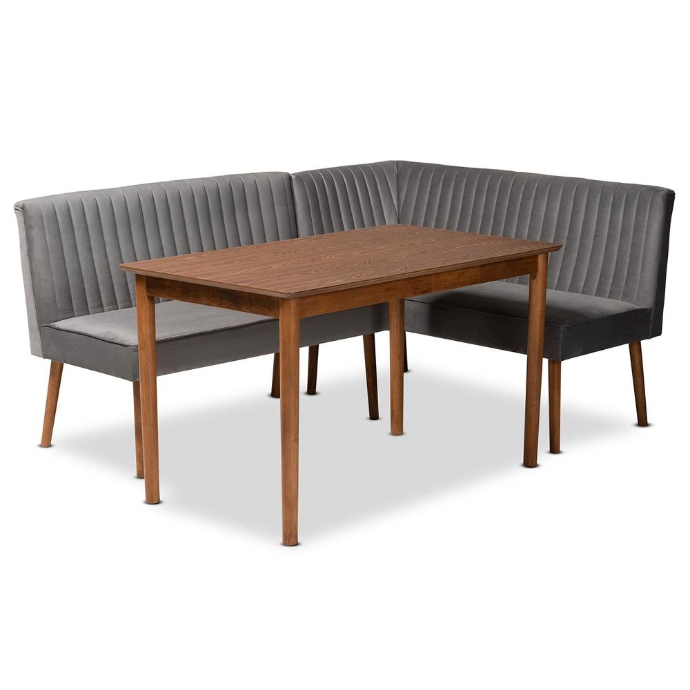 Grey Velvet Upholstered and Walnut Brown Finished Wood 3-Piece Dining Nook Set. Picture 12