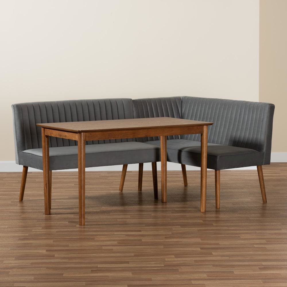 Grey Velvet Upholstered and Walnut Brown Finished Wood 3-Piece Dining Nook Set. Picture 21