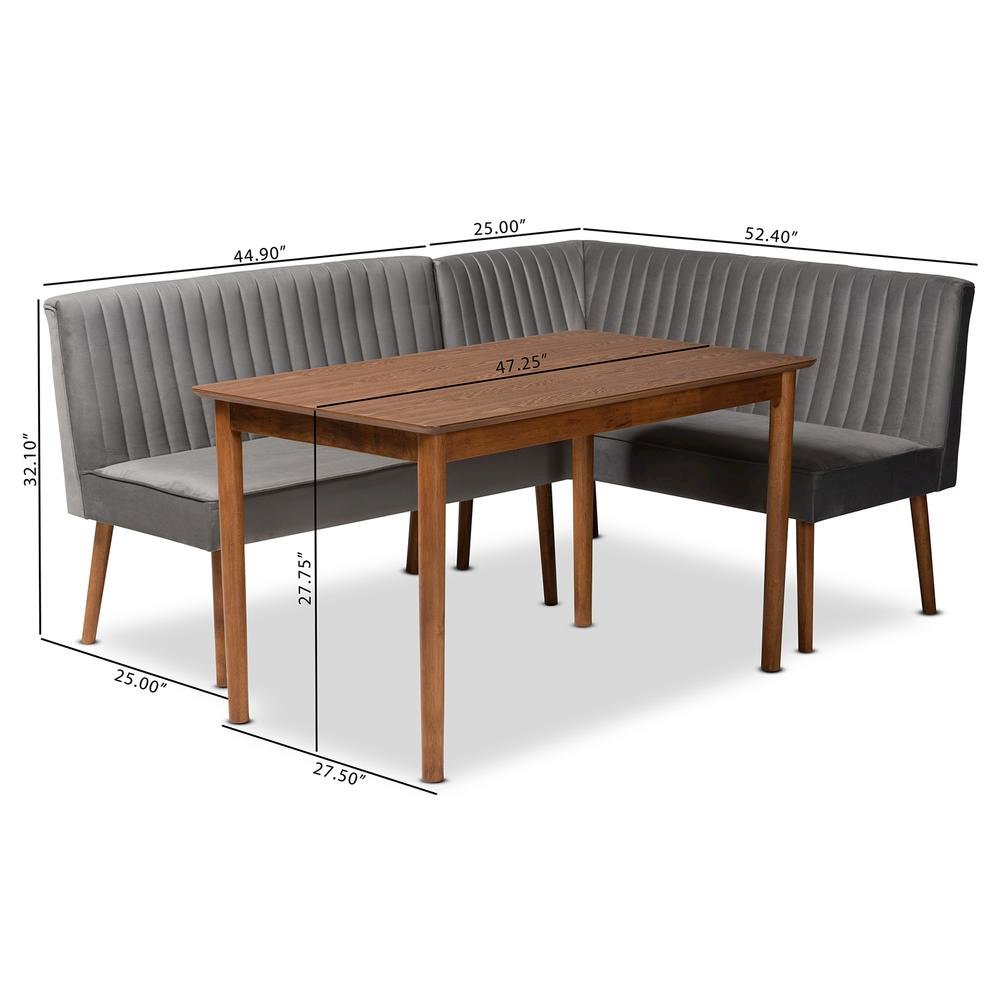 Grey Velvet Upholstered and Walnut Brown Finished Wood 3-Piece Dining Nook Set. Picture 22