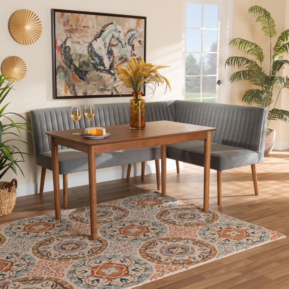 Grey Velvet Upholstered and Walnut Brown Finished Wood 3-Piece Dining Nook Set. Picture 20