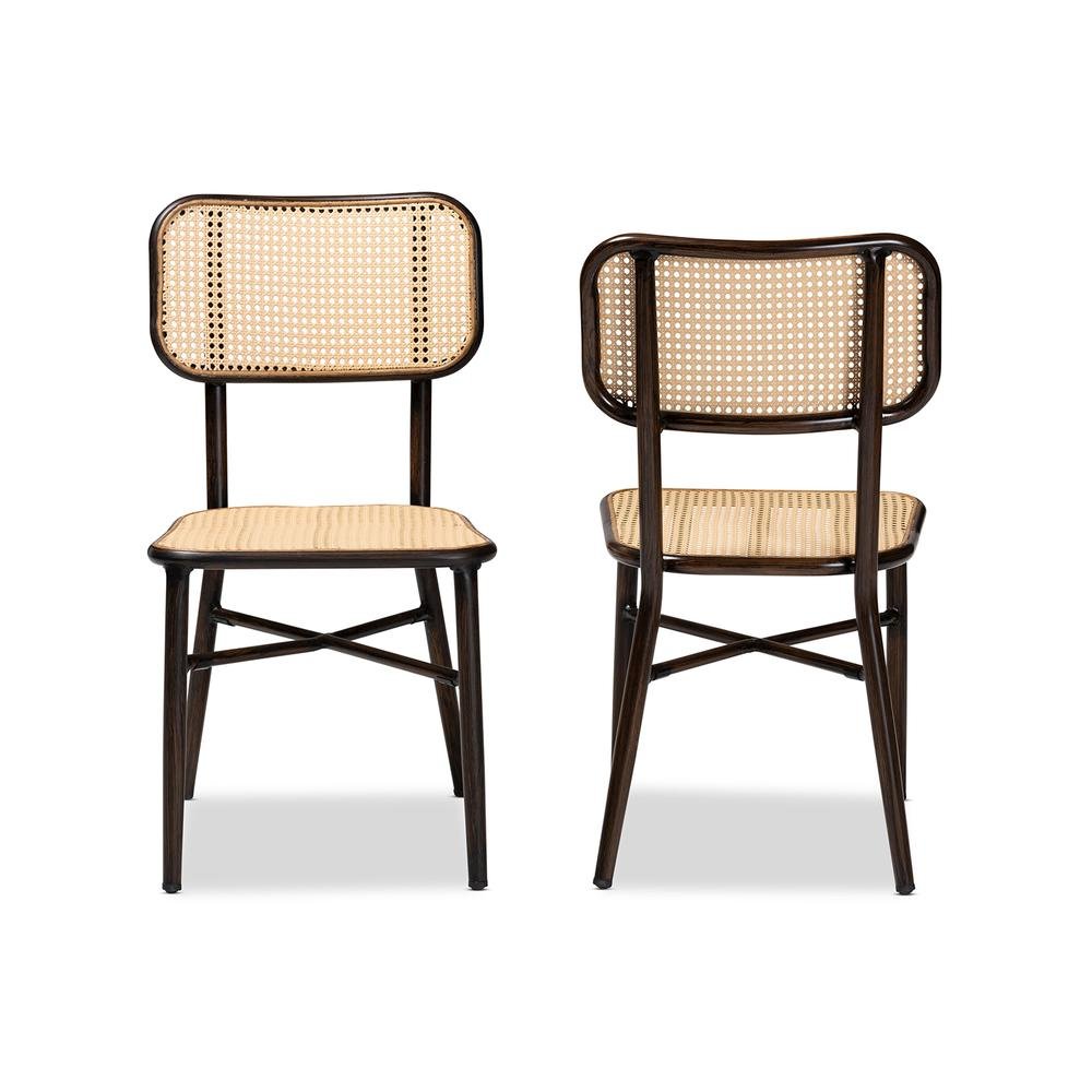 Dark Brown Finished Metal and Synthetic Rattan 2-Piece Outdoor Dining Chair Set. Picture 12