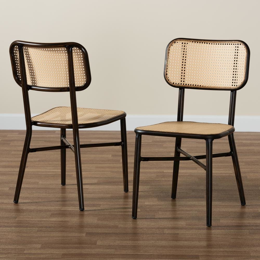 Dark Brown Finished Metal and Synthetic Rattan 2-Piece Outdoor Dining Chair Set. Picture 18