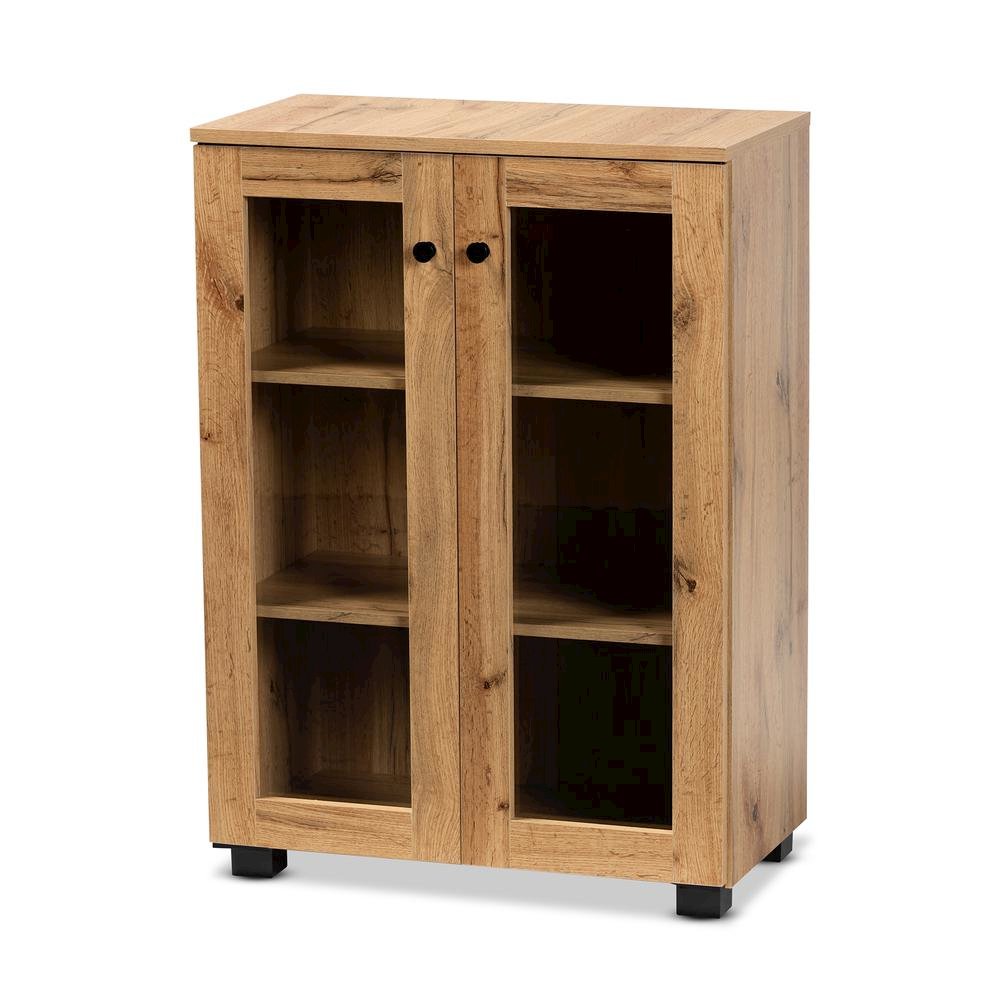 Oak Brown Finished Wood 2-Door Storage Cabinet with Glass Doors. Picture 10