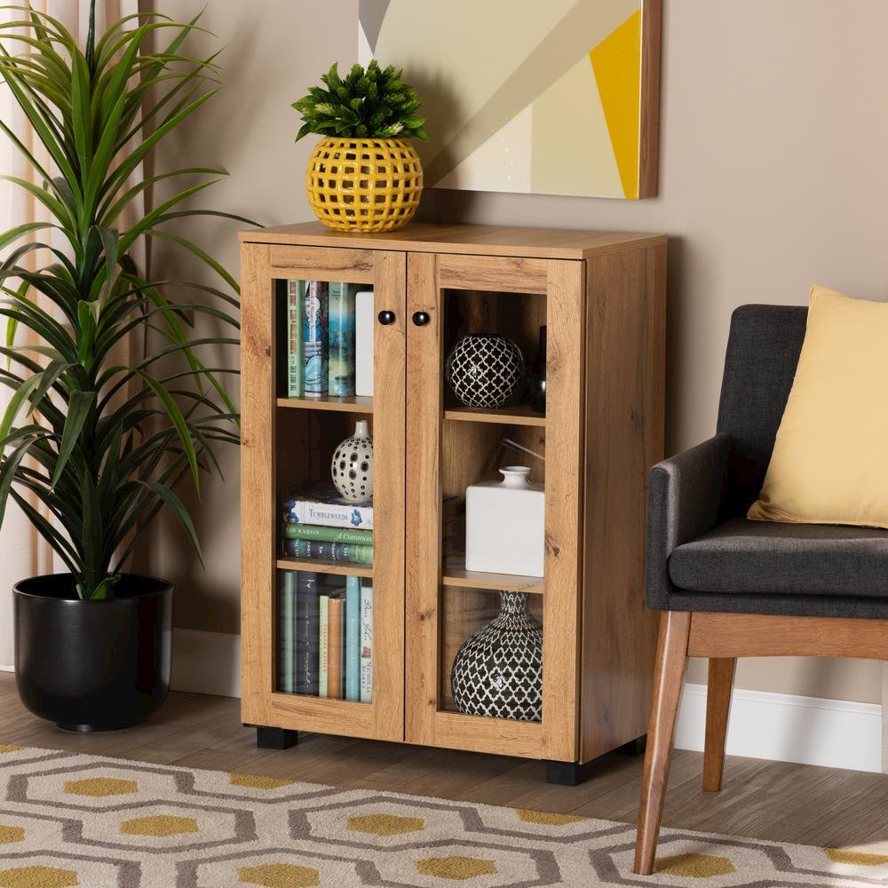 Oak Brown Finished Wood 2-Door Storage Cabinet with Glass Doors. Picture 16