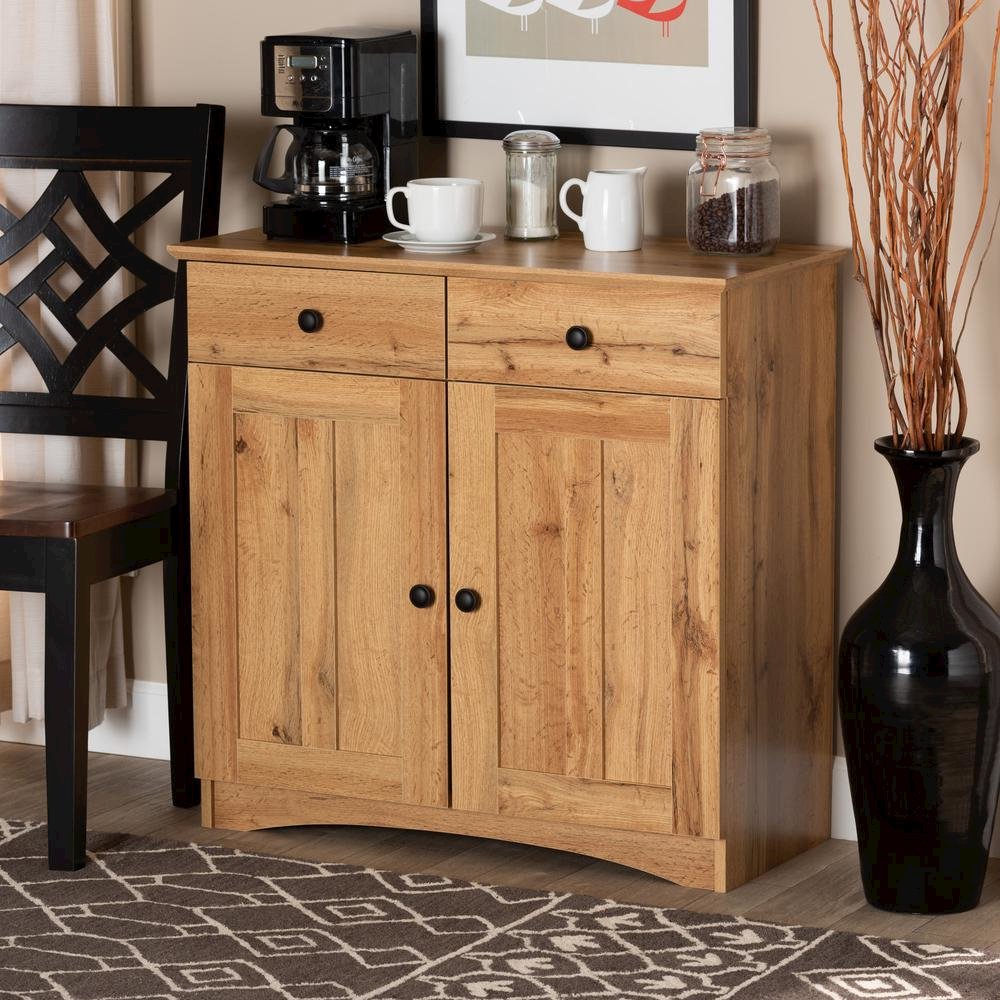 Oak Brown Finished Wood 2-Door Buffet Kitchen Cabinet. Picture 15