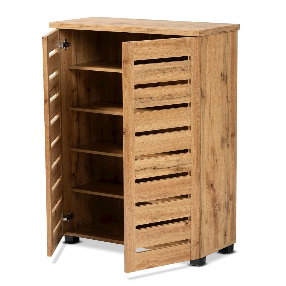Oak Brown Finished Wood 2-Door Shoe Storage Cabinet. Picture 13